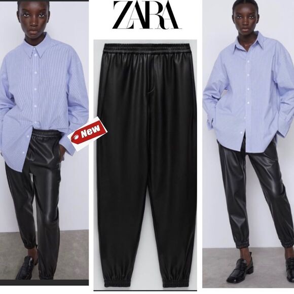 Zara black faux leather vegan joggers pull on Sz M NWT - Picture 13 of 13